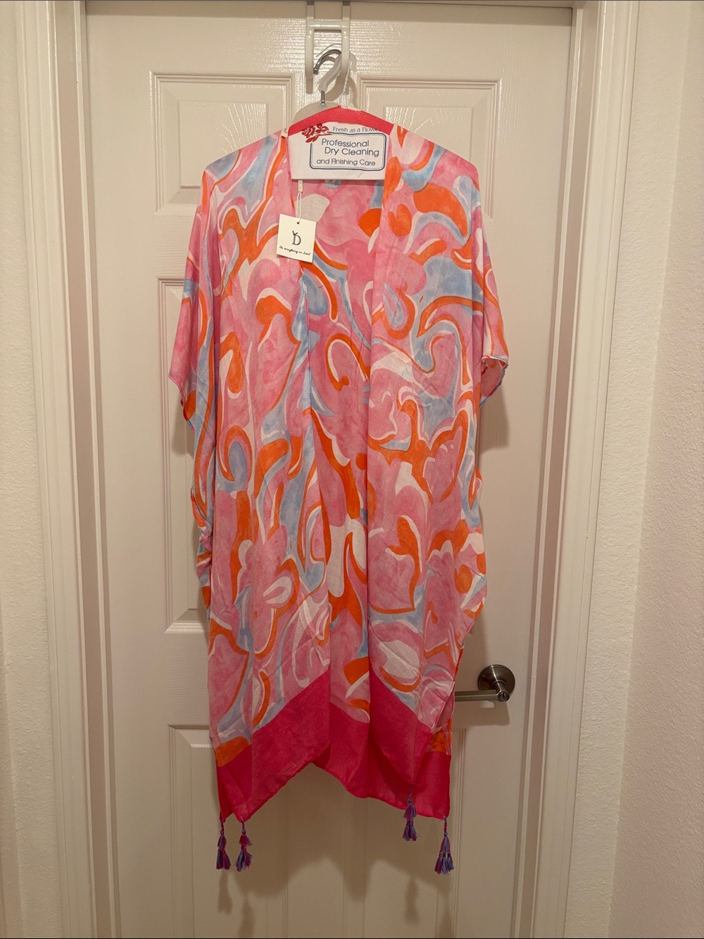 Women's Pink & Orange Abstract Print Kimono Tunic with Tassel Trim